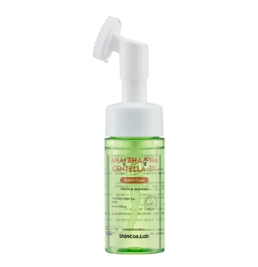 SHINCOS.LAB AHA/BHA/PHA CENTELLA 3% BUBBLE GREEN TEA & ALOE FOAM CLEANSING BRUSH Бабл пенка для умывания с кислотами, центеллой, зеленым чаем и алое 3% 200мл